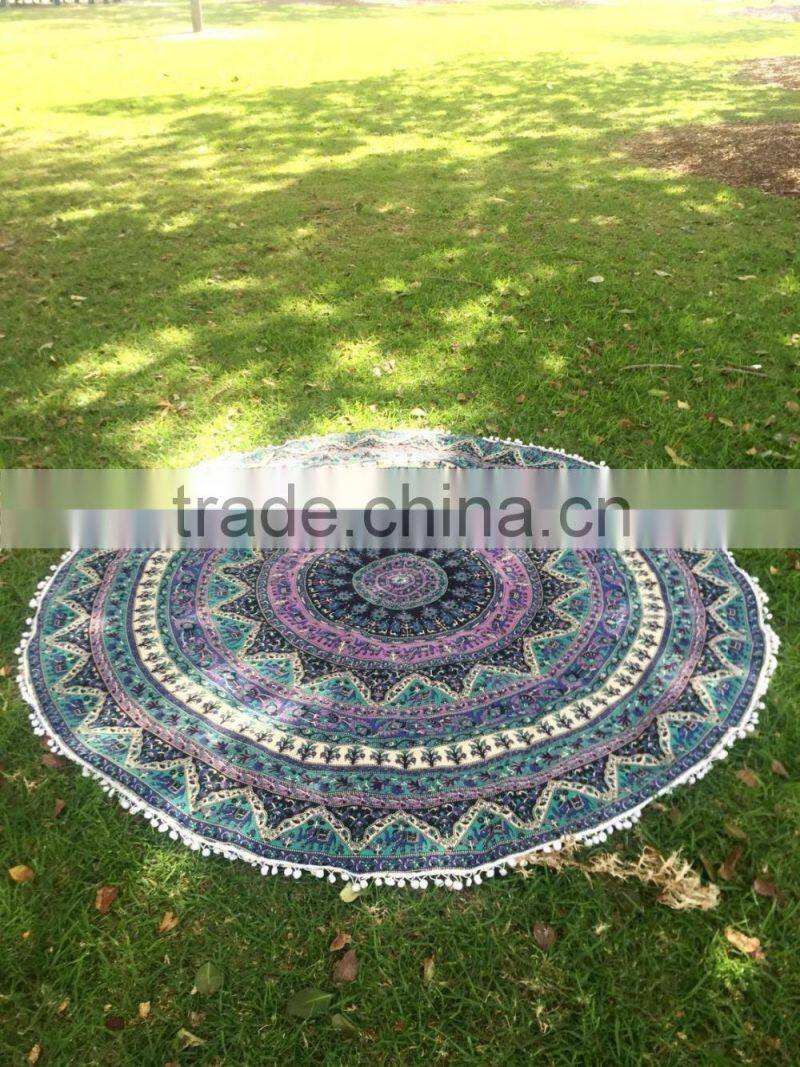 Green 72" Indian Tapestry Round Mandala Tapestry Roundie Round Table Cover Wholesaler Indian Tapestry Art