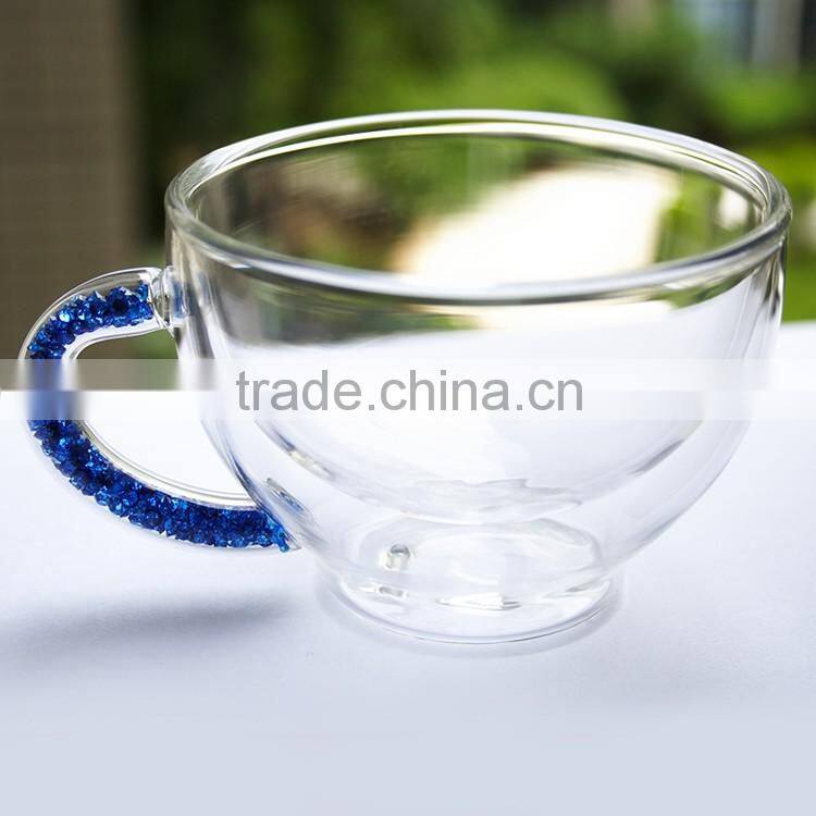 High quality Multi-function small reusable coffee cup sleeve borosilicate glass tea cupwith blue diamond shank unique style
