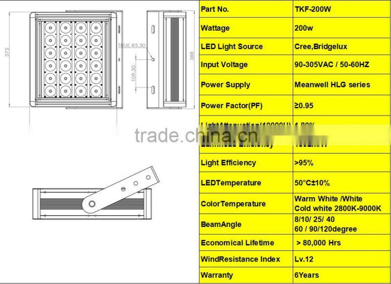 meanwell 200W LED tunnel light for tunnel and stadium with CE Rohs ETL approval