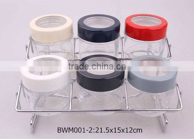6pcs glass spice jar set with plastic lid in a metal rack