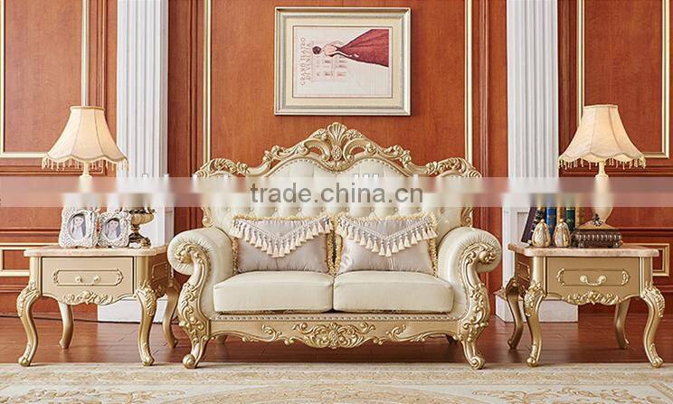 Neoclassic style solid wood champagne gold carving leather sofa set