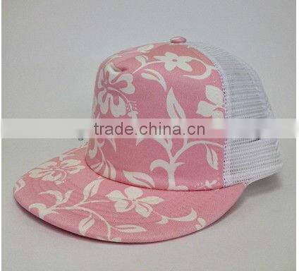 2013 pattern floral pattern pink 100% cotton flat brim Hawaii 5 panel blank mesh caps baseball