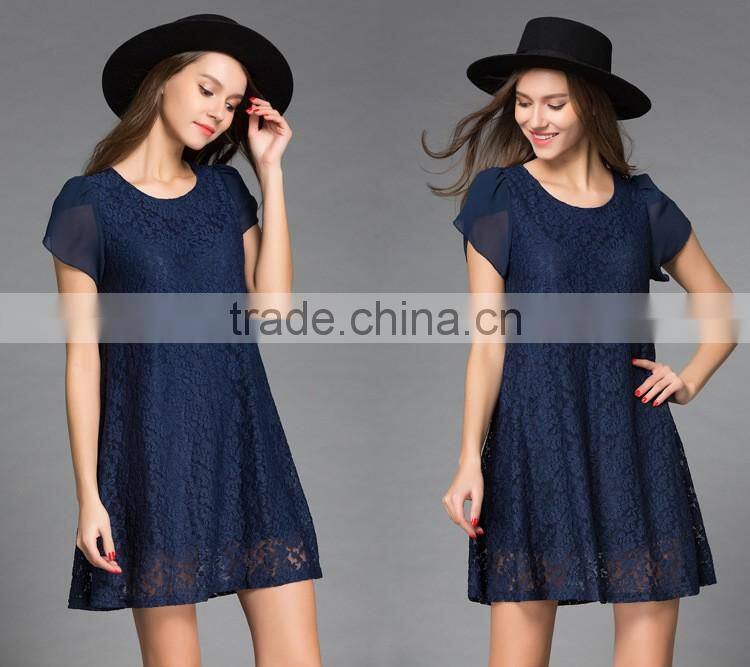 New designer short sleeve plain navy blue crochet lace one piece party dress