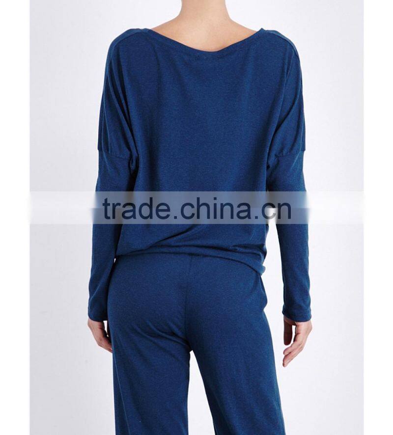Wholesale Women Relaxed Scoop Neck Dropped Shoulders Long Sleeves Jersey Pyjama Blouse(DQE0160T)
