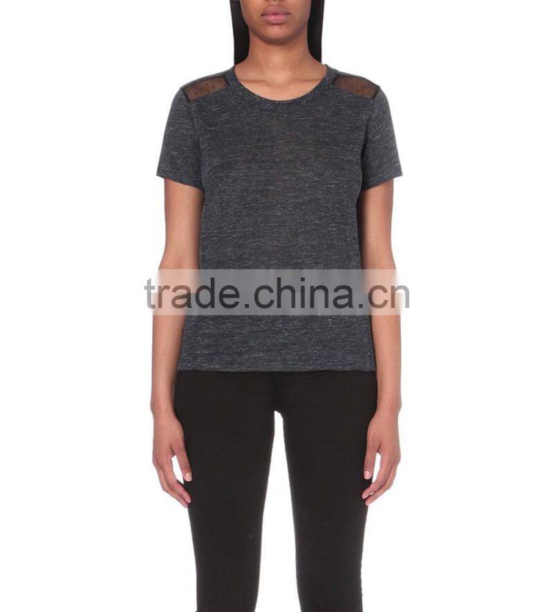 Wholesale Women Round Neck Short Sleeves Polka Dot Sheer Panel Linen T-shirt(DQE0153T)