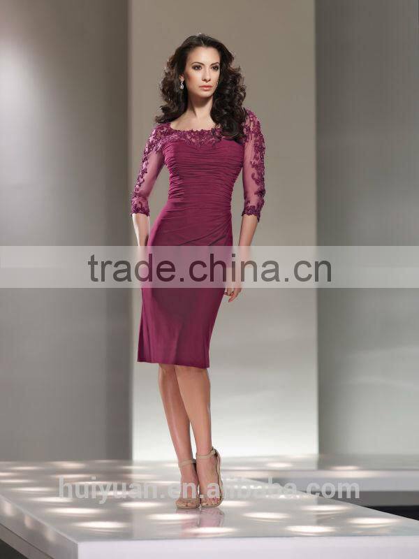 purple long sleeve lace knee length women's evening dress
