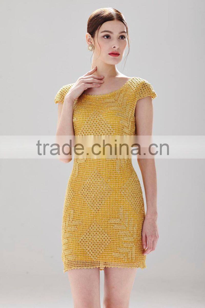 Grid pattern design shinny gold metallic effect ladies formal slim lace fashion dress SR-D9791