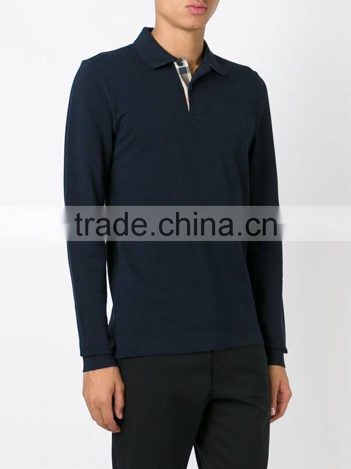 Soft dark navy blue thermal cotton long sleeve polo shirt on sale