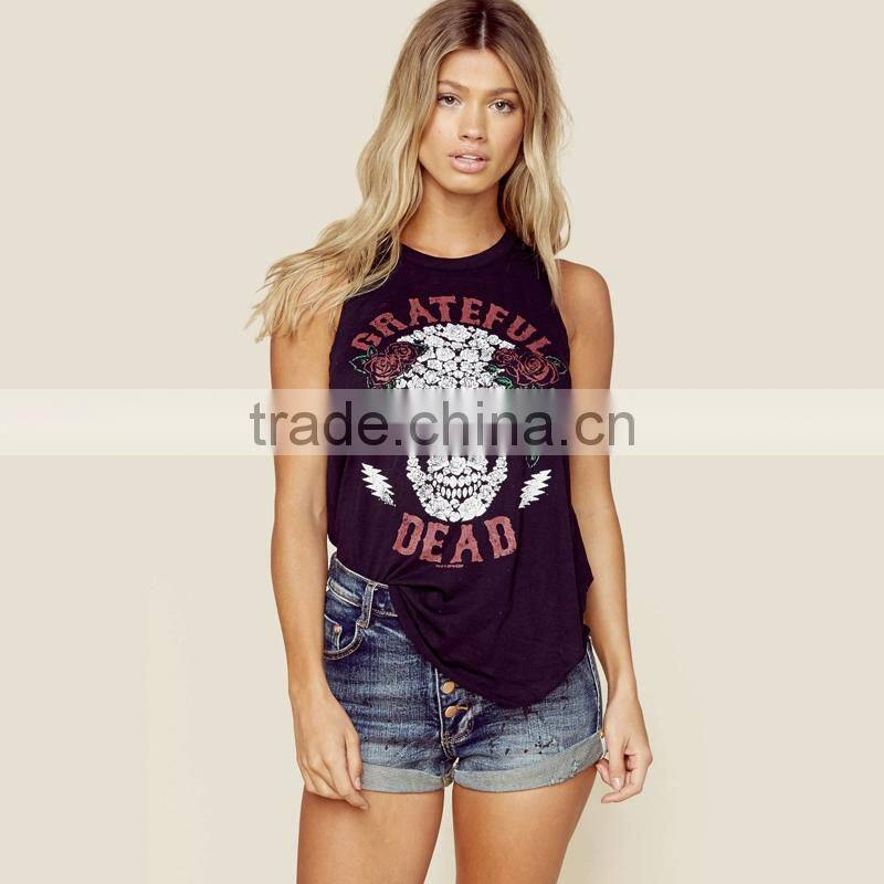 Polyester Tank Top backless loose printed skull pattern purple Sold By PC