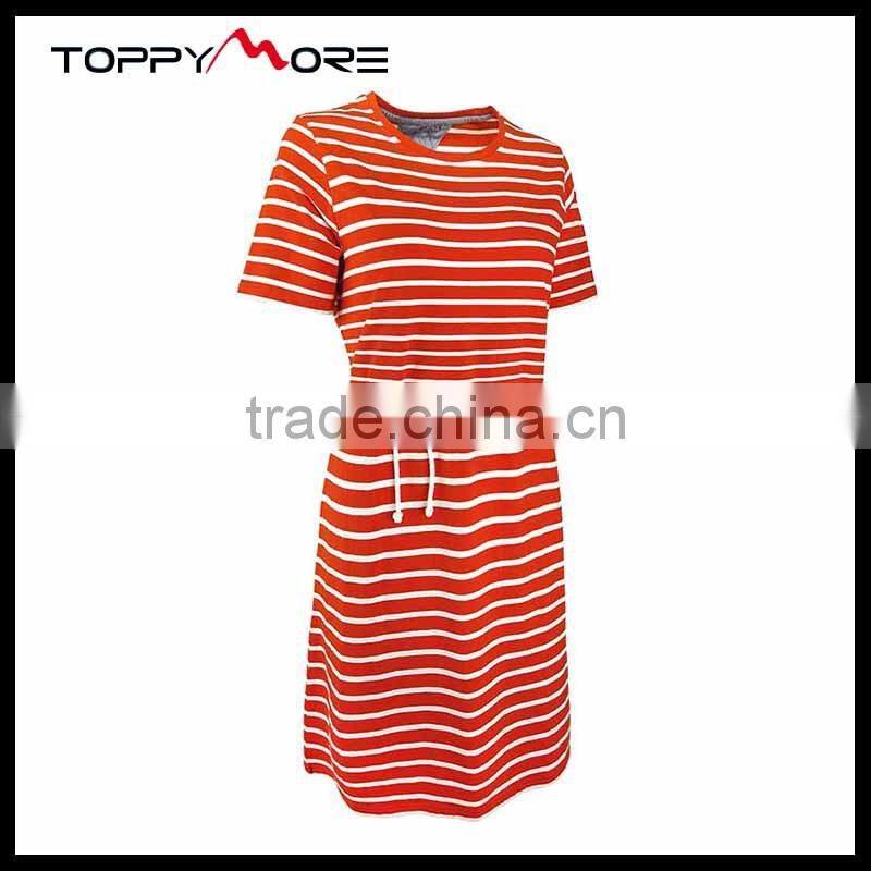 T092-1669N 95% cotton 5% elastane t shirt Short Sleeve Long T shirt Dress With Stripe Print
