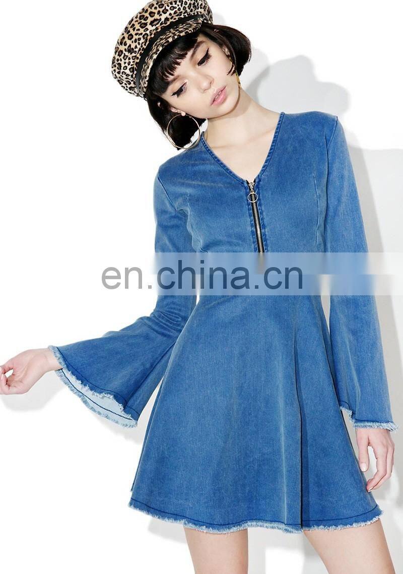 Fashion Jean Dress Long Sleeve Denim Dress with Flared Cuffs Rayed Edging