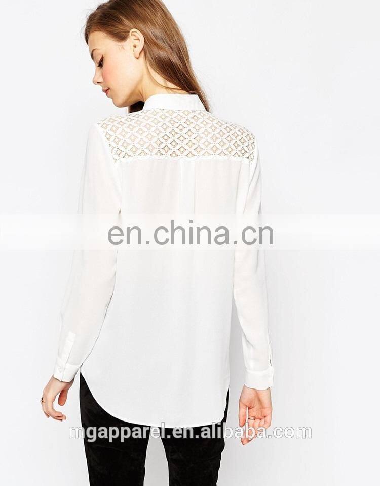 Latest fashion blouse design woven fabric long sleeve lady white lace blouse