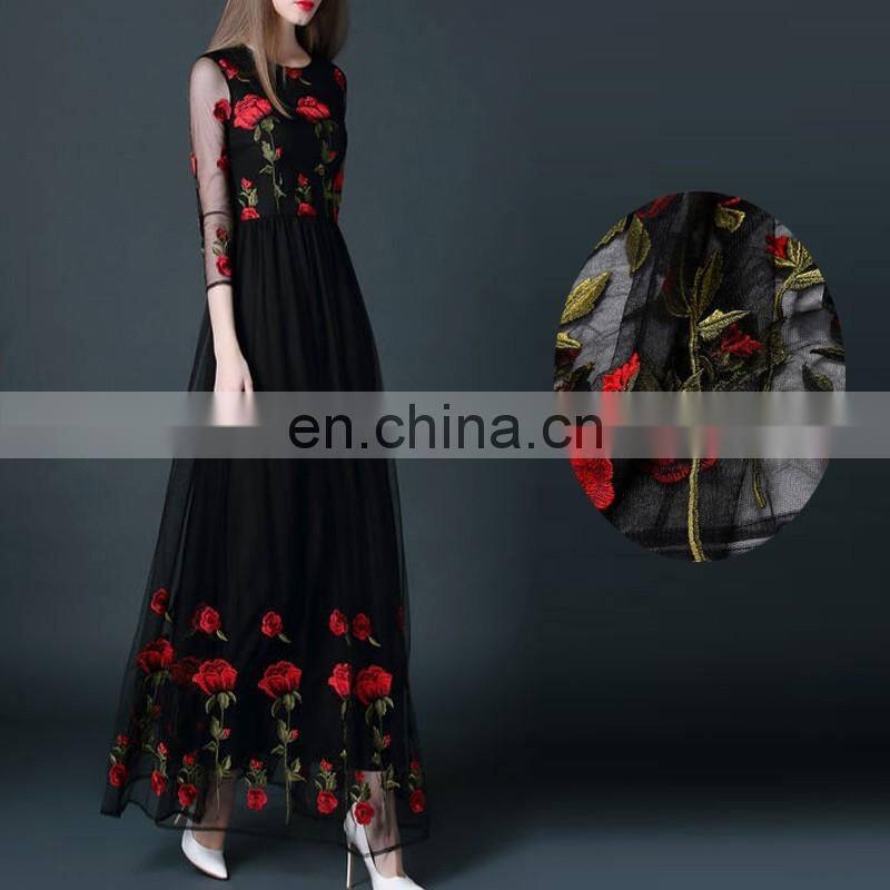 2016 Newest Spring Maxi Long Style Net Yarn 3/4 Sleeve Embroidery Evening Dress