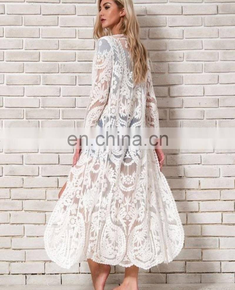 Sexy See Through Three Quarter Sleeve Long Kimono Cardigan Plus Size Women Beachwear Tops And Blouse Shirts Lace Pareo