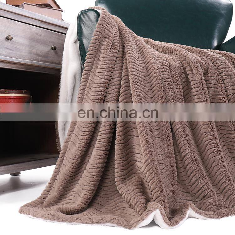 High Quality Custom Double Layer Embossed Gray Faux Rabbit Fur Throw Blanket For Winter