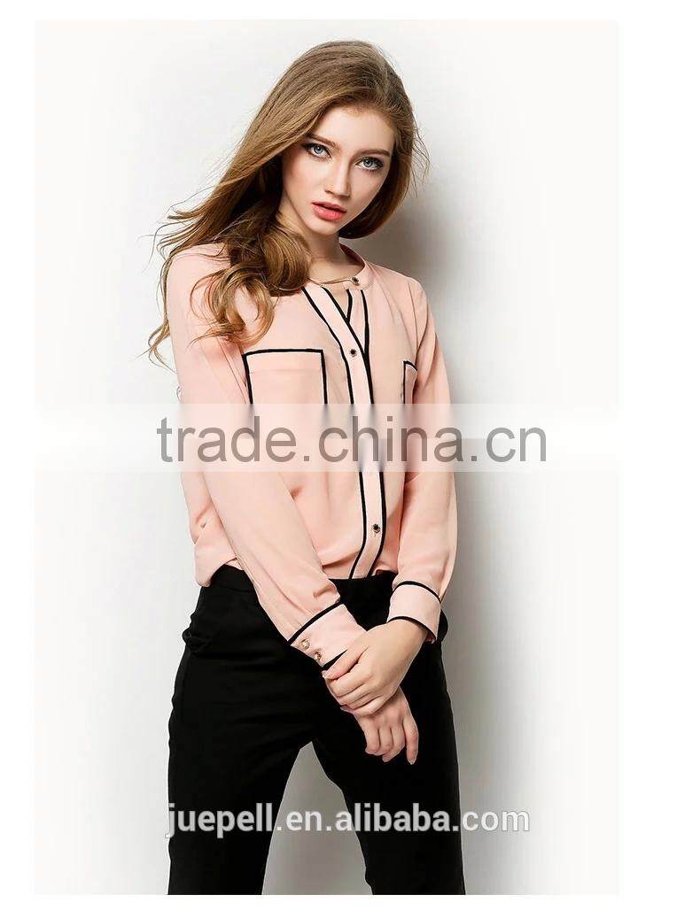 2015 ladies hot selling new design long sleeve blouse check chiffon blouse