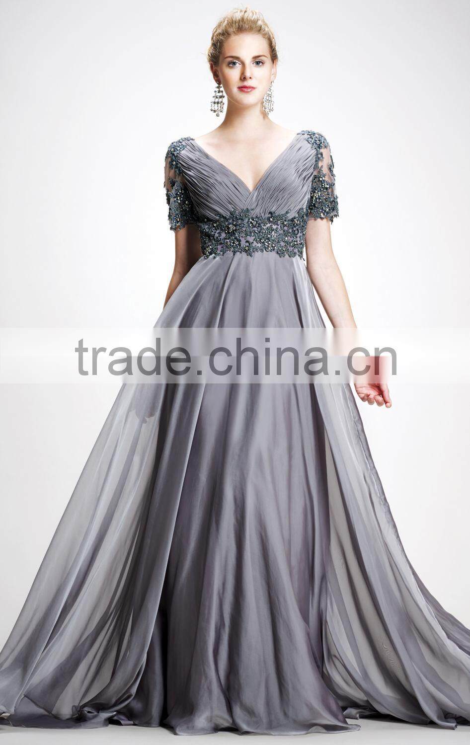 Autumn Style Elegant V-Neck Smooth Lace Short Sleeve Floor Length Evening Gown