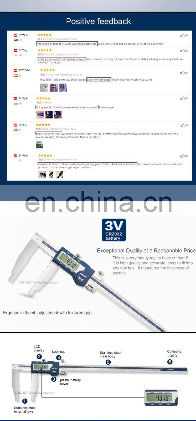 SHAHE 0-600mm Digital Caliper Stainless Steel Vernier Caliper Electronic Caliper