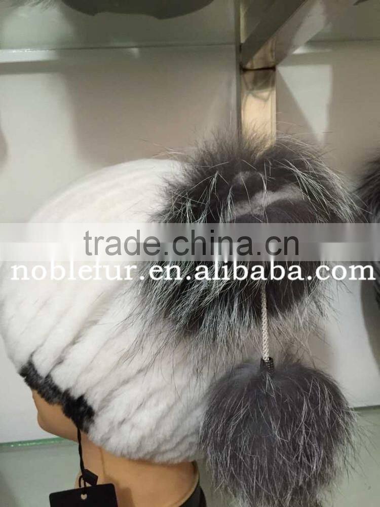 cute rabbit fur with silver fox fur winter pompom headwear for young girls