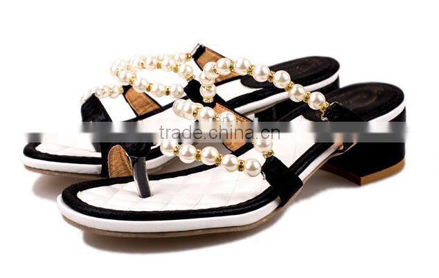 Roman style women sandals thick heel pearls summer shoe Large size bulk shoes with pearls