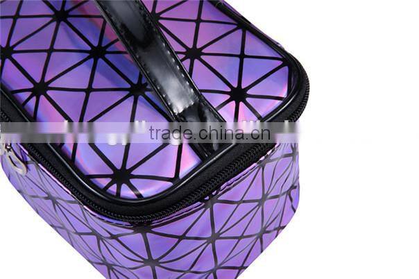Hot sale high capacity geometric square pattern shiny pu cosmetic bag
