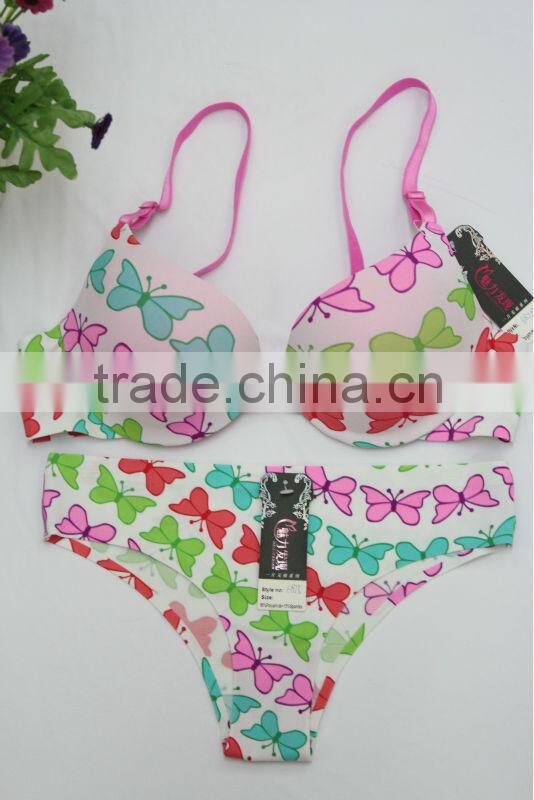 Butterfly Print Hot Sexy Bonded Bra Thong Set Seamless Underwear
