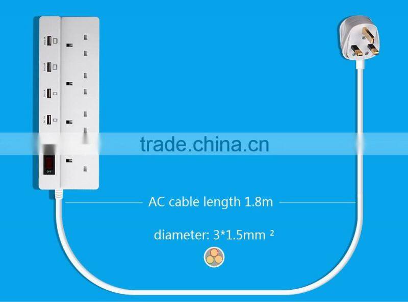 8 way surge protected 250v electric power socket with usb Extension lead