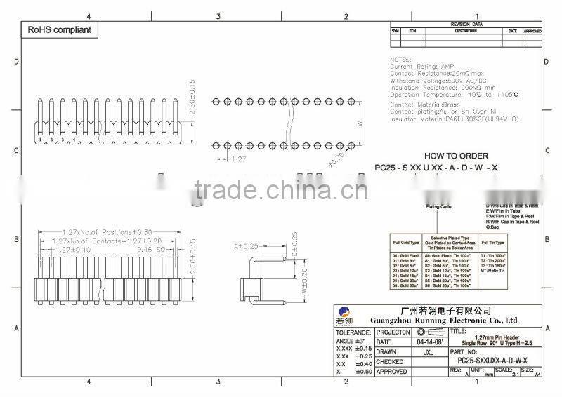 1.27mm Single Row U Type Pin Header H=2.5