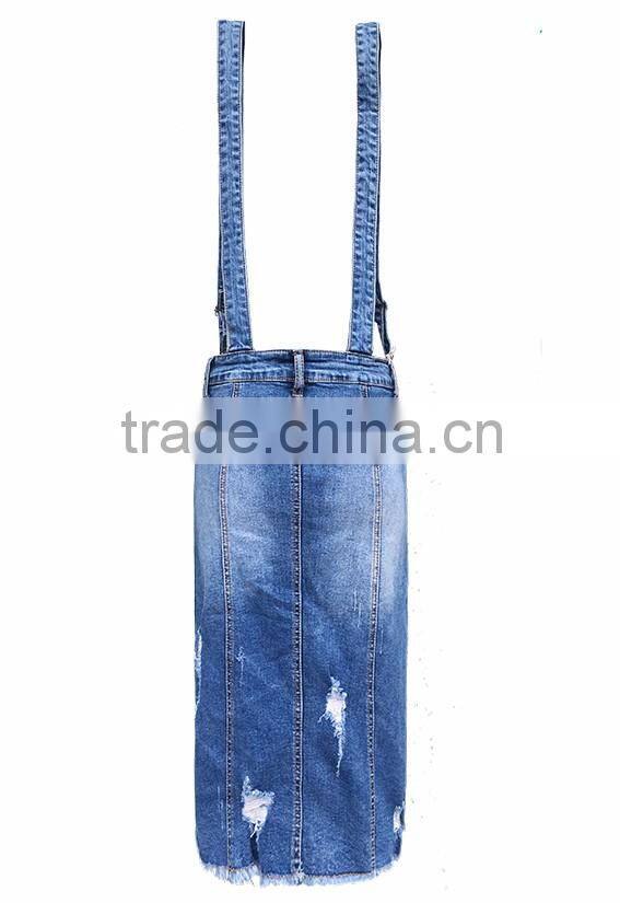 girls fashion women elastic straps skinny ripped front button denim jeans suspender skirt
