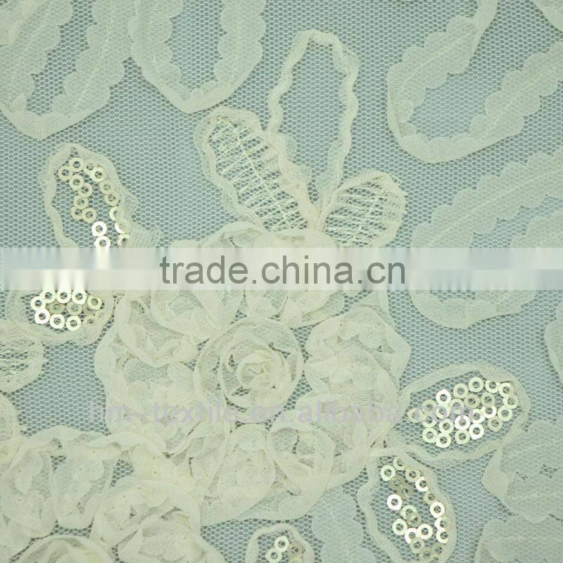 2017 New Apricot Dribbling Sequins Mixed Embroidery Fabric for ZARA Brand Long Dress Textile With High Quality Mesh from China