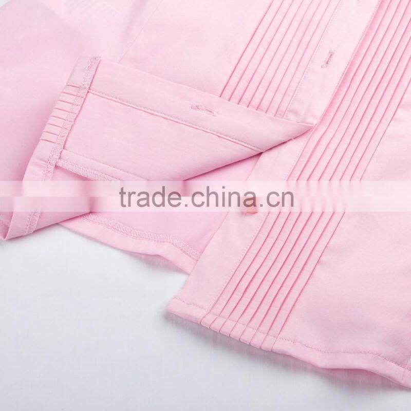 2015 fashion pink color long sleeve blouse pleated design ladies plus size shirt