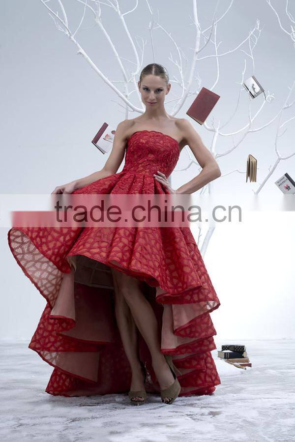 2015 newest design short front long back Evening gown off shoulder formal dress sexy Red embroided evening dress 2015(YASA-3085)