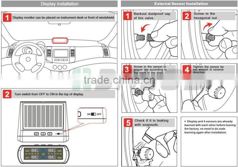 Solar TPMS easy for installation, Bar and Psi pressure unit optional with external sensor Auto Wireless Universal TPMS