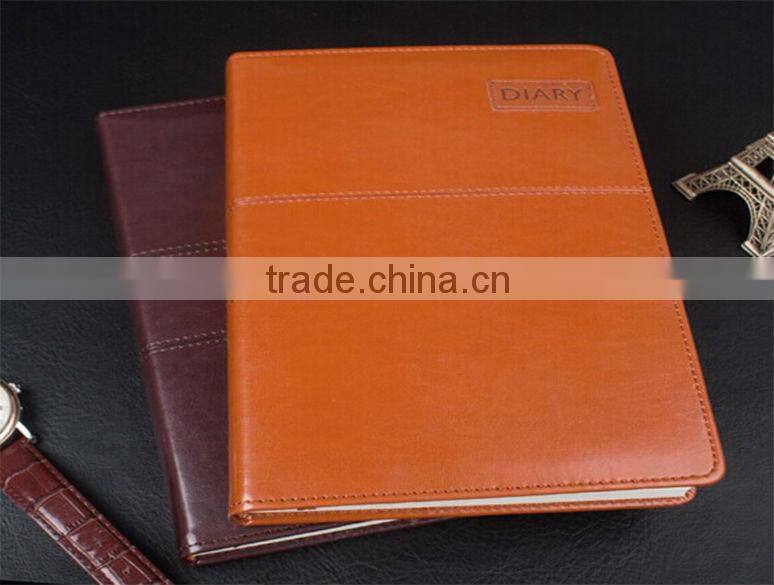 Sewing decoration PU leather personalized classical brown diary with embossing logo and line printing and book marker