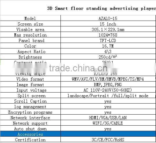 2016 new arrival 15 inch 3D Smart floor standing advertising player