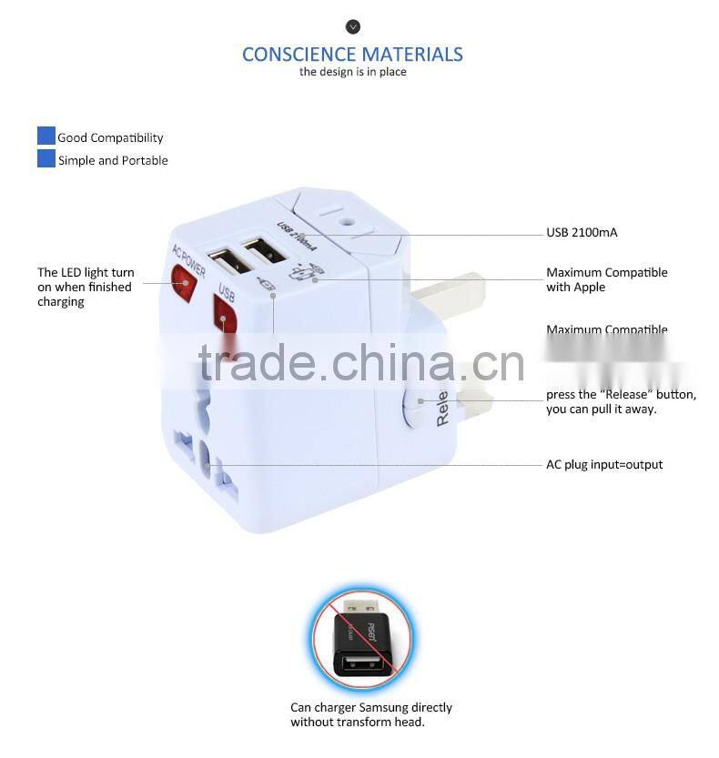 Universal travel adapter with USB charger 2100mA CE,ROHS,FCC compliant guangzhou factory