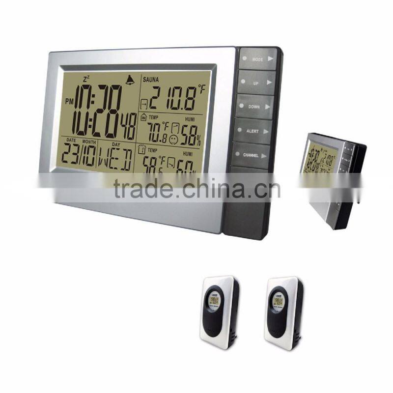 433MHz Wireless RF RCC Weather Station with Indoor Outdoor Thermometer Hygrometer Sauna Temperature Clock 3 Transmitters