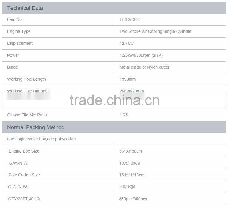 43cc 1.25kw back pack gasoline grass cutter (TFBG430B)