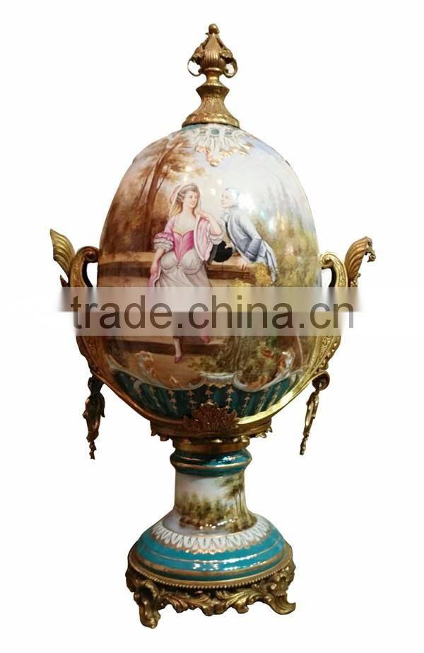 European Character Style Ceramic Egg Shaped Jar Box, Elegant Porcelain With Brass Prize Cup, Figure Design Footed Jar With Lid
