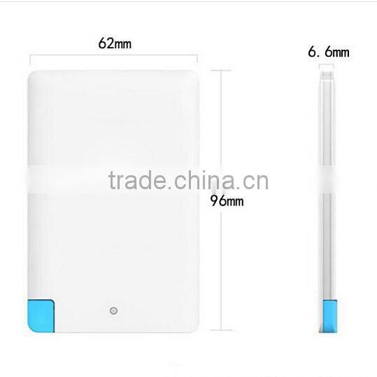 Newest Ultra-thin 6.6mm credit card 2500mah power bank, micro portable charger power bank made in china