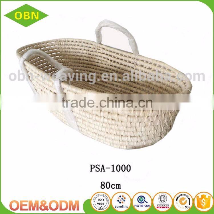 High-end customized corn husk straw baby mose basket with braided handles