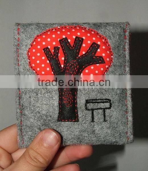 New products cheap polyester coin purse key cover wool fabric wallet phone case wholesale with handsewn tree desk round button