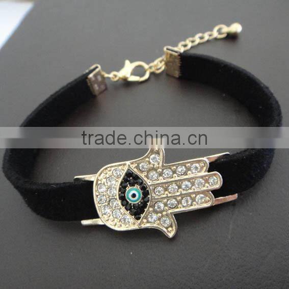rhinestone inlaid hamsa hand evil eye charm suede leather bracelet