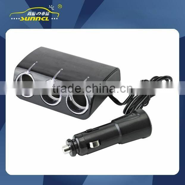 1 USB 3 Holes Female Car Cigarette Lighter Socket with Flexible Plug and LED Working Light