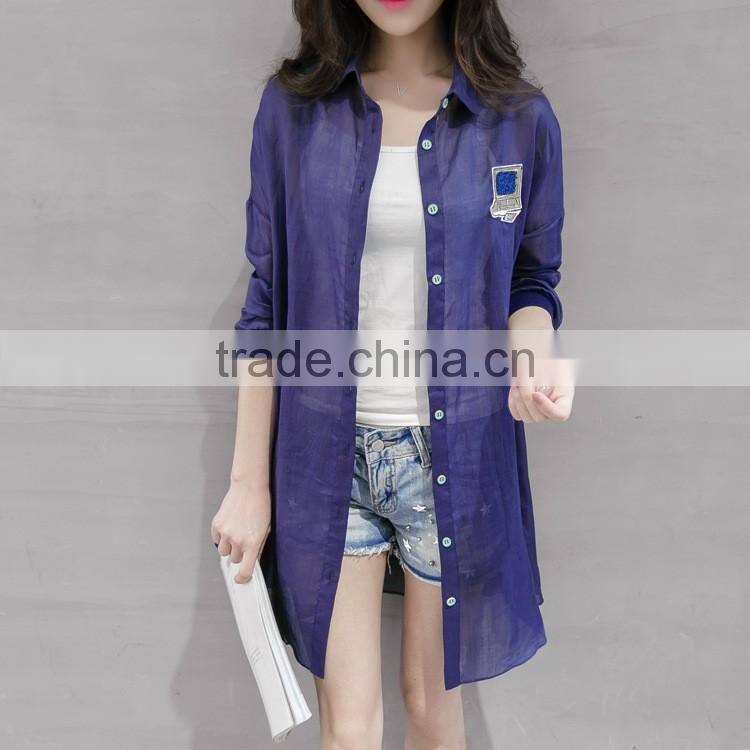 Oversized ladies sheer cotton designer shirts fashion side slits ladies long shirts