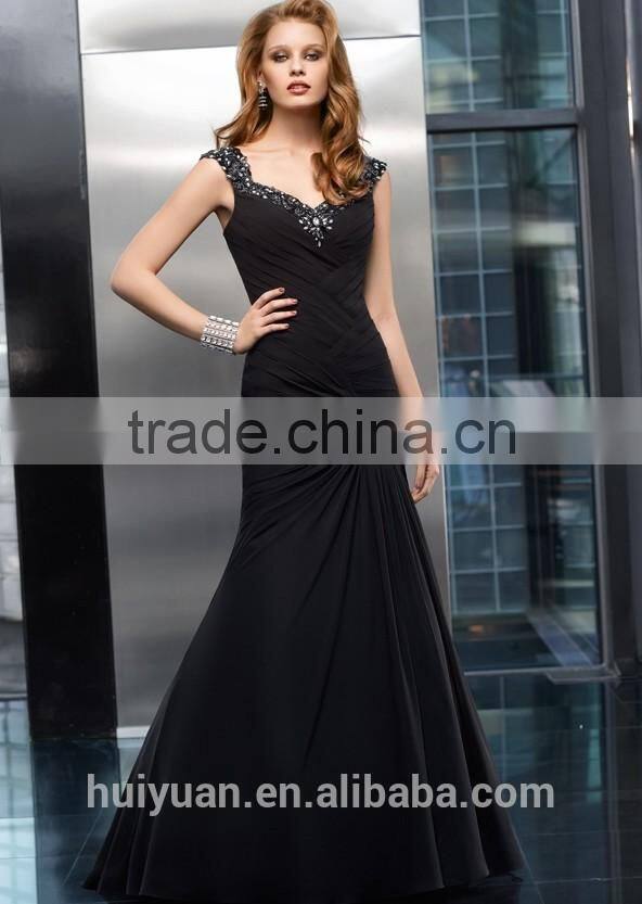 Sex black flowy chiffon strap sweetheart night evening dress 2016