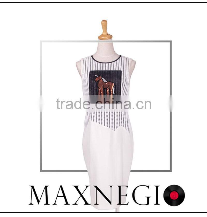 Summer 2016 Hot Sleeveless Patchwork Beading Pencil Dress for Women Elegant OL Above Knee Mini Dress Lady