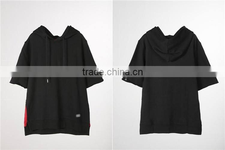 2016 wholesale OEM high quality black short sleeve fleece french terry sports hoodie for men
