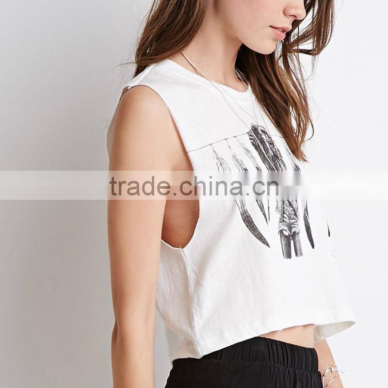 oem service custom sexy retro printed raw cuff sleeveless crop tops/t shirt