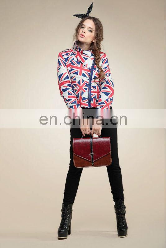 english flag printed short length stand collar oblique zipper down coats for elegant girls